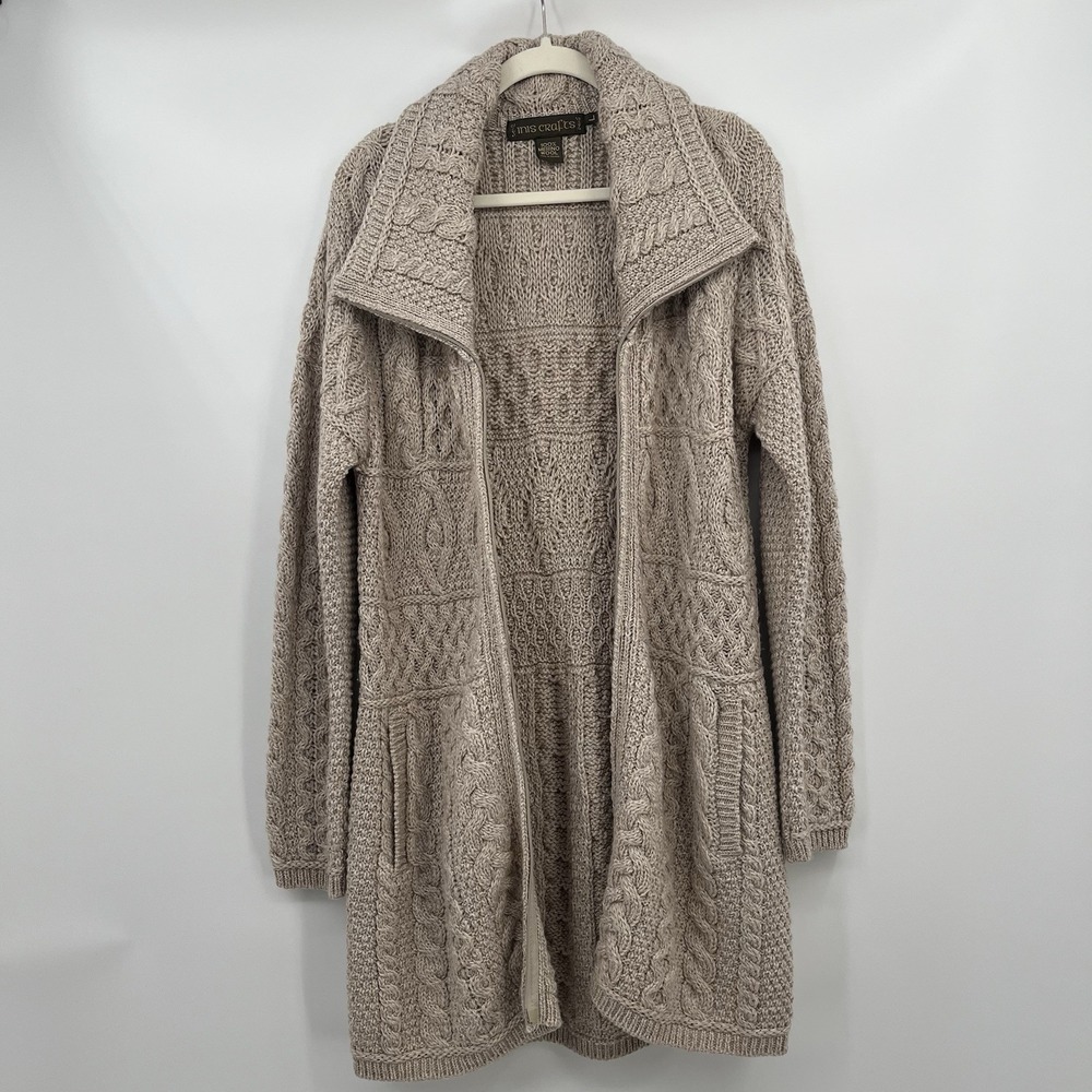inis crafts merino 100% wool Sweater L Tan Long Full Zip Cable Knit Ireland Boho - Picture 12 of 12